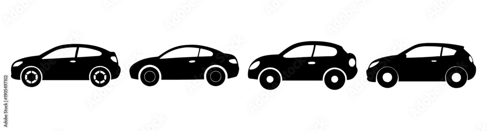Obraz premium Set of four modern black car vector icons isolated on white background for transportation and travel design