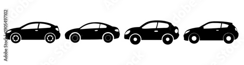 Set of four modern black car vector icons isolated on white background for transportation and travel design