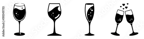 Elegant champagne glasses vector icon set with sparkling wine bubbles celebration toast minimalist design