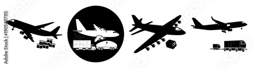 Cargo airplane vector icons set with military transport jetliner and commercial freight plane isolated on white background
