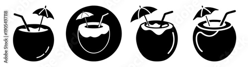 Tropical coconut drink icons set with straws and fruit slices vector illustration minimalist design
