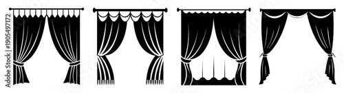 Set of elegant black and white theater curtains vector icons isolated on transparent background for stage design