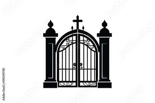 Ornate gate with cross and pillars isolated on white background religious entry symbol ornate gates
