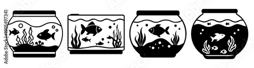 Set of three minimalist fish tank vector icons with aquatic life and bubbles in black and white line art style