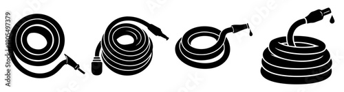 Black garden hose coiled vector icon isolated on white background for gardening and outdoor use
