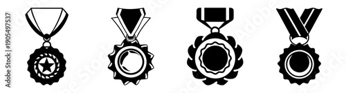 Set of four black and white vector trophy cup icons for success achievement and competition awards isolated on transparent background