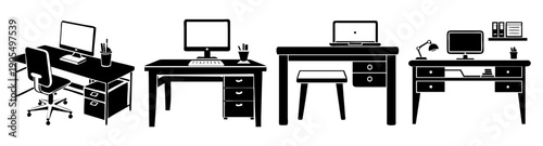 Modern minimalist office desk setup vector icon with computers, chairs, and workspace furniture in flat design