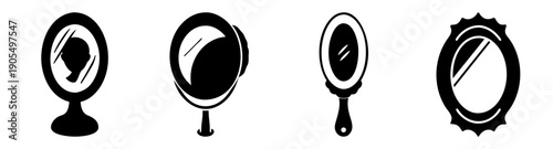 Set of four modern circular vector icons with reflective black and white gradient frames isolated on transparent background
