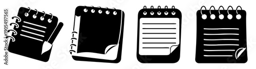 Set of three modern black and white notepad vector icons with spiral binding, flat design for office, school, and business use