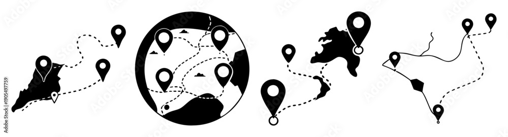 Obraz premium Travel journey route map vector icon with clock and location pins for trip planning and navigation design