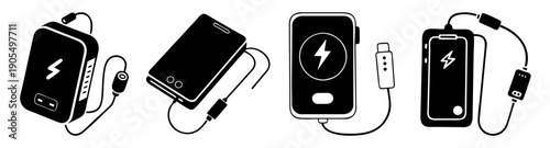 Set of portable power bank vector icons charging smartphones with USB cable isolated on white background