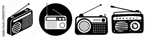 Vintage radio set collection vector icon isolated on white background retro music technology illustration