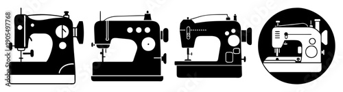 Set of modern black sewing machines vector icons isolated on white background for design and craft