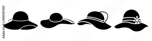 Set of four black minimalist sun hats vector icons isolated on white background for fashion summer accessories