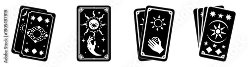 Set of 4 vector tarot card icons with mystical symbols moon star hand eye black white line art divination esoteric