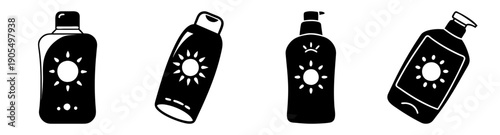 Vector icon set of sunscreen spray bottles with sun protection UV rays isolated on dark background