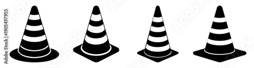 Set of four black and white striped traffic cones vector icon isolated on transparent background for safety and roadwork design