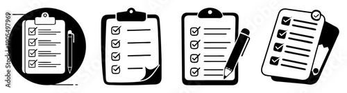 Flat vector checklist icons set with blank notepads and pencil for planning, productivity, and task management in minimalist design