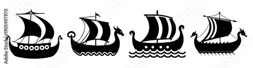 Viking ship vector icon set sailing ancient longboat black white line art illustration isolated maritime history