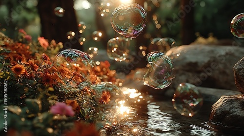 Floating soap bubbles reflecting forest trees and sunlight images