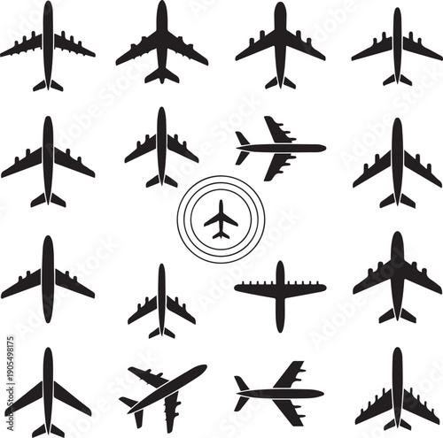 collectionofairplanesilhouettesinvariousanglesandpositions