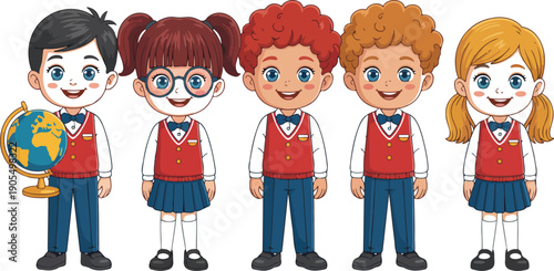 Cute School Children Vector Set Boys and Girls in Uniform Classroom Characters