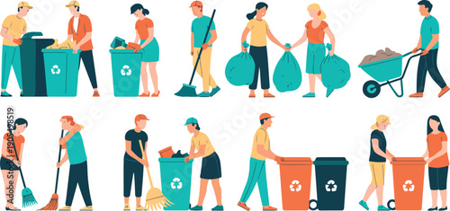 People Cleaning Environment Vector Set with Volunteers Recycling and Collecting Trash