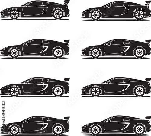 Eight black sports car silhouettes in different orientations on white background