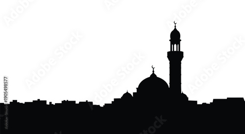 Mosque Silhouette with Minaret and Dome against White Background