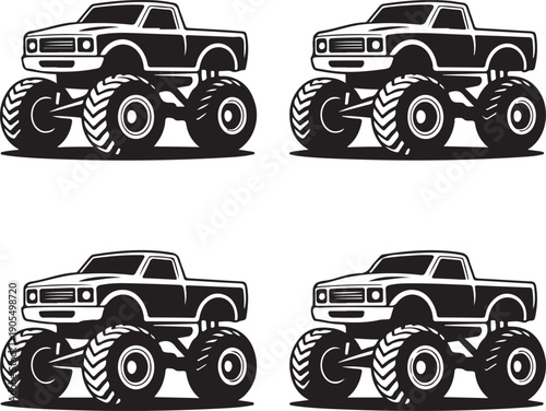 four black and white monster trucks on white background
