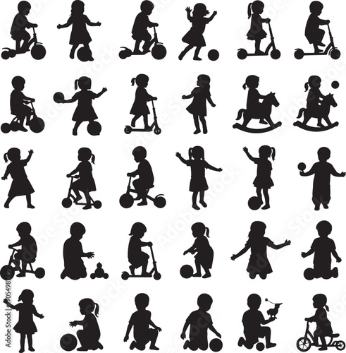 Set of children playing with balls and riding bicycles silhouettes