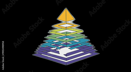 Geometric structure constructed of layered shapes with different colors creating a three dimensional effect and a unique visual representation on