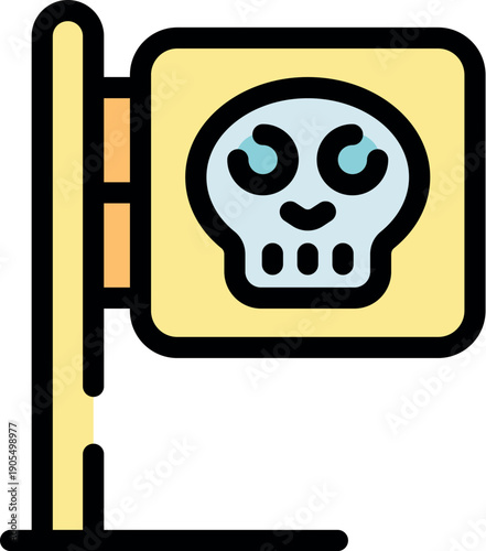 Cartoon pirate flag with skull and crossbones waving in wind, representing danger, adventure, and rebellion