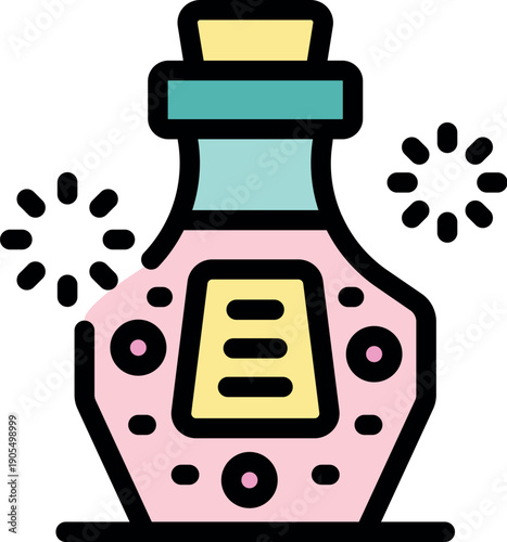 Pink magic potion brewing in a glass bottle, sparkling and ready for spells and enchantments