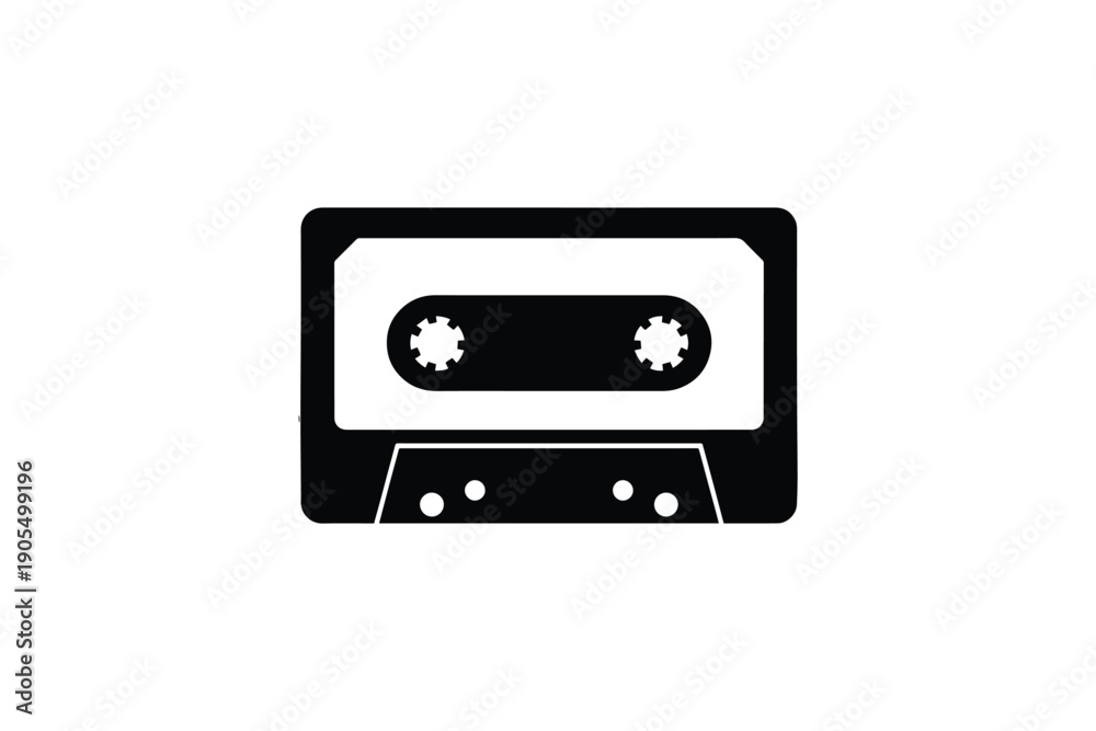 Fototapeta premium Audio cassette tape black silhouette icon on white background, vintage music technology symbol