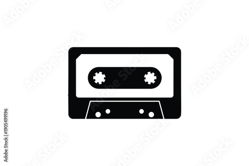 Audio cassette tape black silhouette icon on white background, vintage music technology symbol