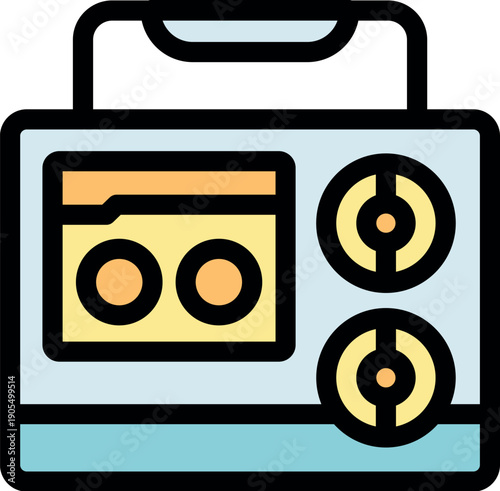 Retro style cassette player icon featuring dual dials and handle