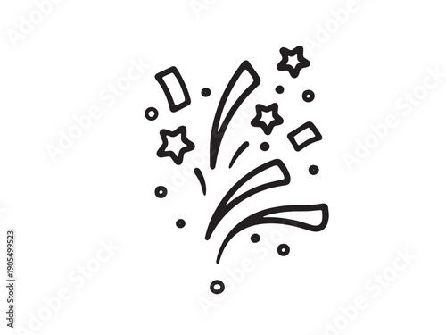 Confetti popper icon doodle: Hand drawn black and white celebration explosion sketch
