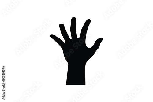 Raised human hand black silhouette icon, gesture of greeting, asking question, or voting