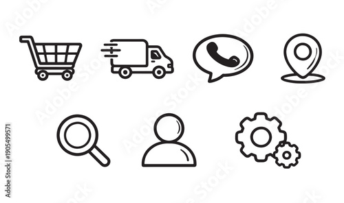 Hand drawn e-commerce icon set: Cart, delivery truck, phone, location, search, user, and gear doodles