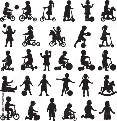 Silhouette illustrations of children playing with bicycles and balls outdoors recreational activities