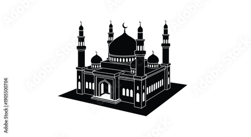 Mosque illustration with domes and minarets in black and white style
