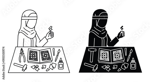 Muslim woman repairing smartphone with tools in workshop setting