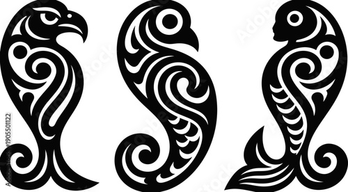 Tattoo Style Bird Designs Black Silhouette.
