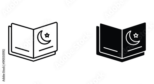 Islamic Book or Quran Icon Set with Crescent Moon and Star Symbol in Black and White