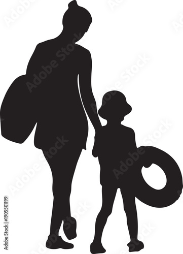 Print Mother and Child Walking Together with Beach Essentials