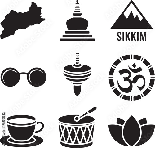 Sikkim Indian culture and tourism icons set
