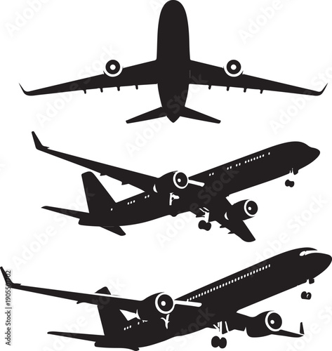Silhouette of airplanes in different views  flying vehicles