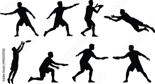 Frisbee player silhouettes set, ultimate disc sport action poses collection, athlete throwing catching jumping isolated on white background illustration