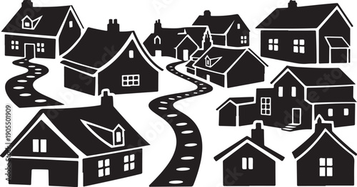 Quaint Village Homes Along Winding Roadway Illustration